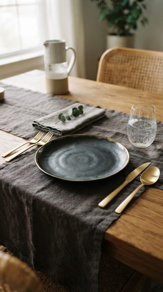 A modern matte gold flatware set laid next to a dark dinner plate.