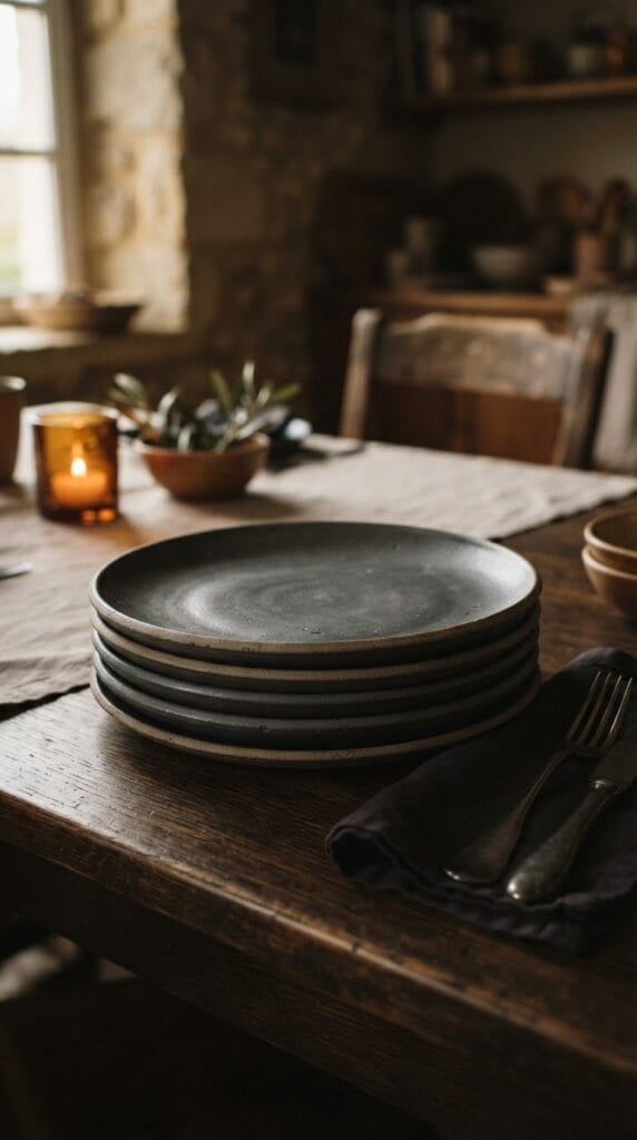 Matte charcoal grey stoneware dinner plates stacked neatly on a dark wooden table.
