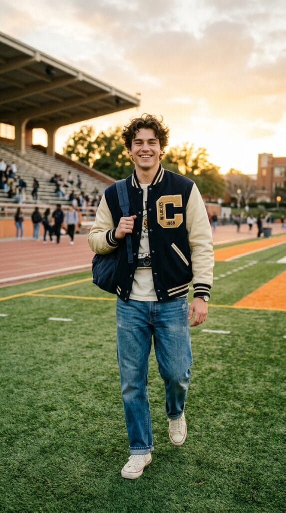 Casual Campus Style for Men: Fall Outfit Ideas for College Guys 7 Student in a navy wool varsity jacket and blue jeans on campus.