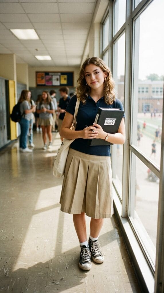 Navy polo shirt styled with a khaki pleated midi skirt and high-tops.