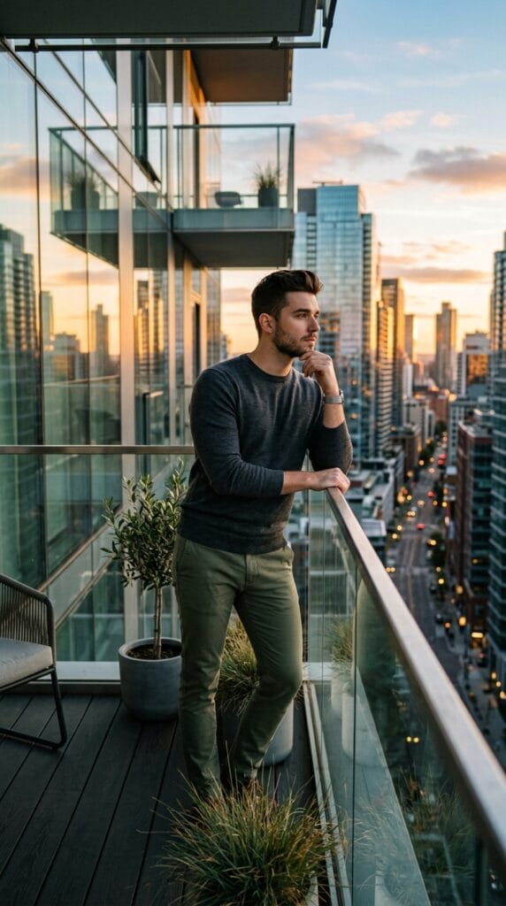 Man wearing a slim charcoal merino wool crewneck sweater on an office balcony.
