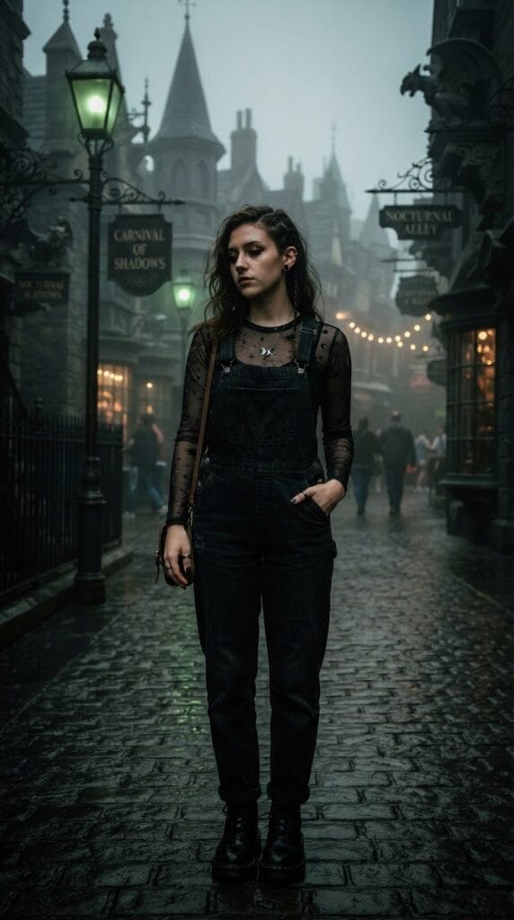 A sheer mesh patterned long-sleeve under black denim overalls on a misty street.
