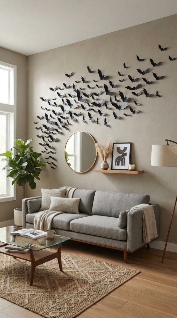 20 Halloween Decor 2026 Ideas for a Spooky Stylish Home 14 Minimalist black metal bat silhouettes arranged in a flying pattern on a wall.