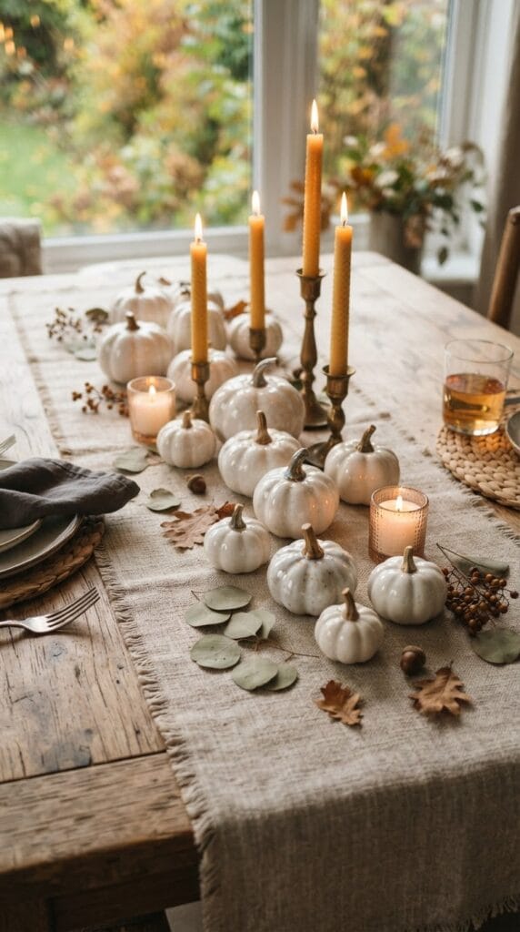 Several minimalist mini white ceramic pumpkins scattered on a linen table runner.