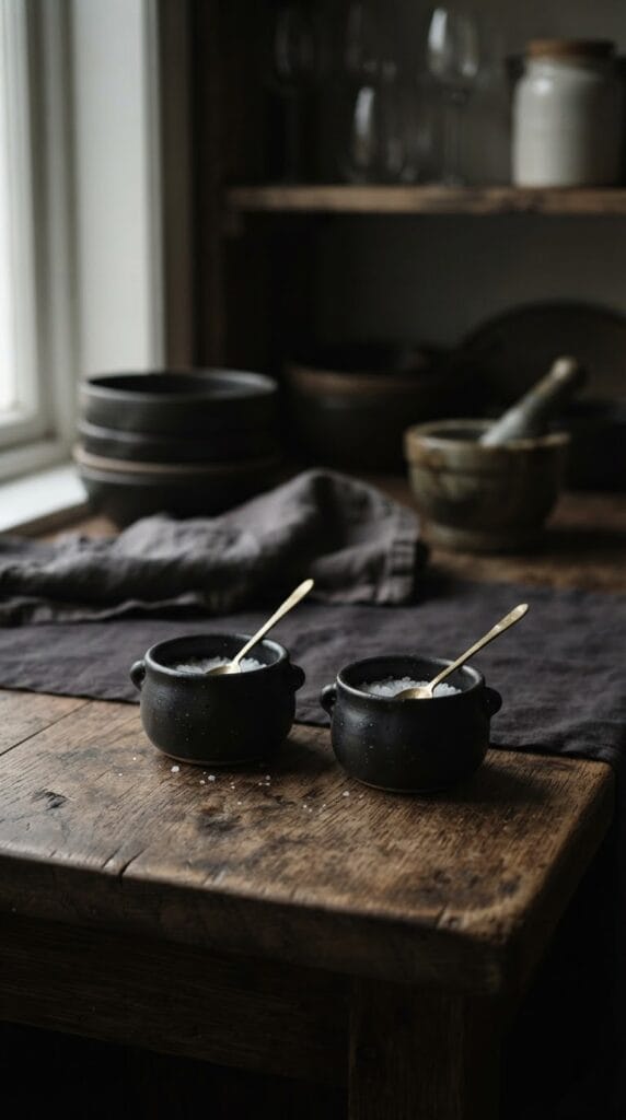 15 Halloween Table Decor Ideas for a Spooky Dinner Party 13 Petite black ceramic cauldron-shaped salt cellars resting on dark wood.