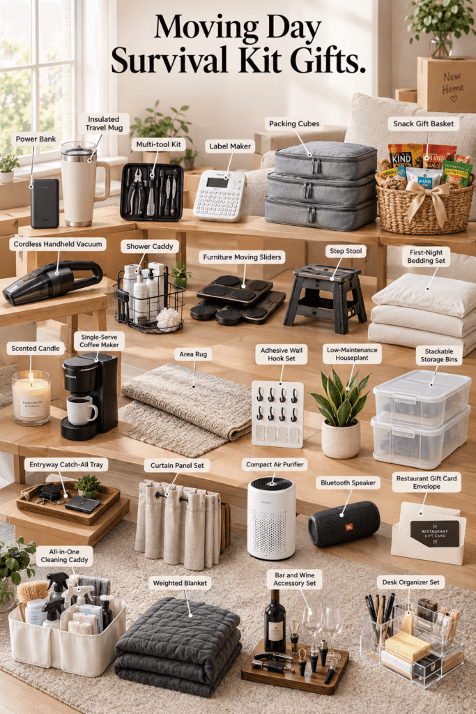Moving day survival kit gifts flatlay featuring power bank, packing cubes, candle, and bedding set.