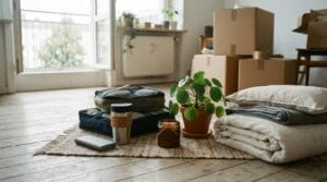 Collection of moving-day gift items arranged in a partly unpacked new apartment.