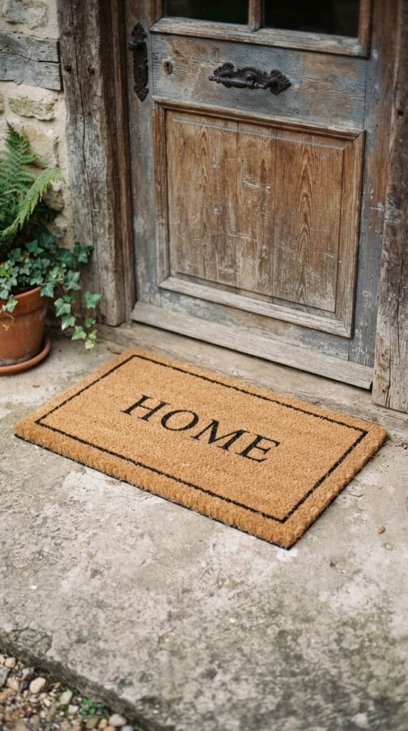 The Ultimate Fall Front Porch Decor Checklist You Need 2 A thick natural fiber doormat sitting in front of a closed wooden door.