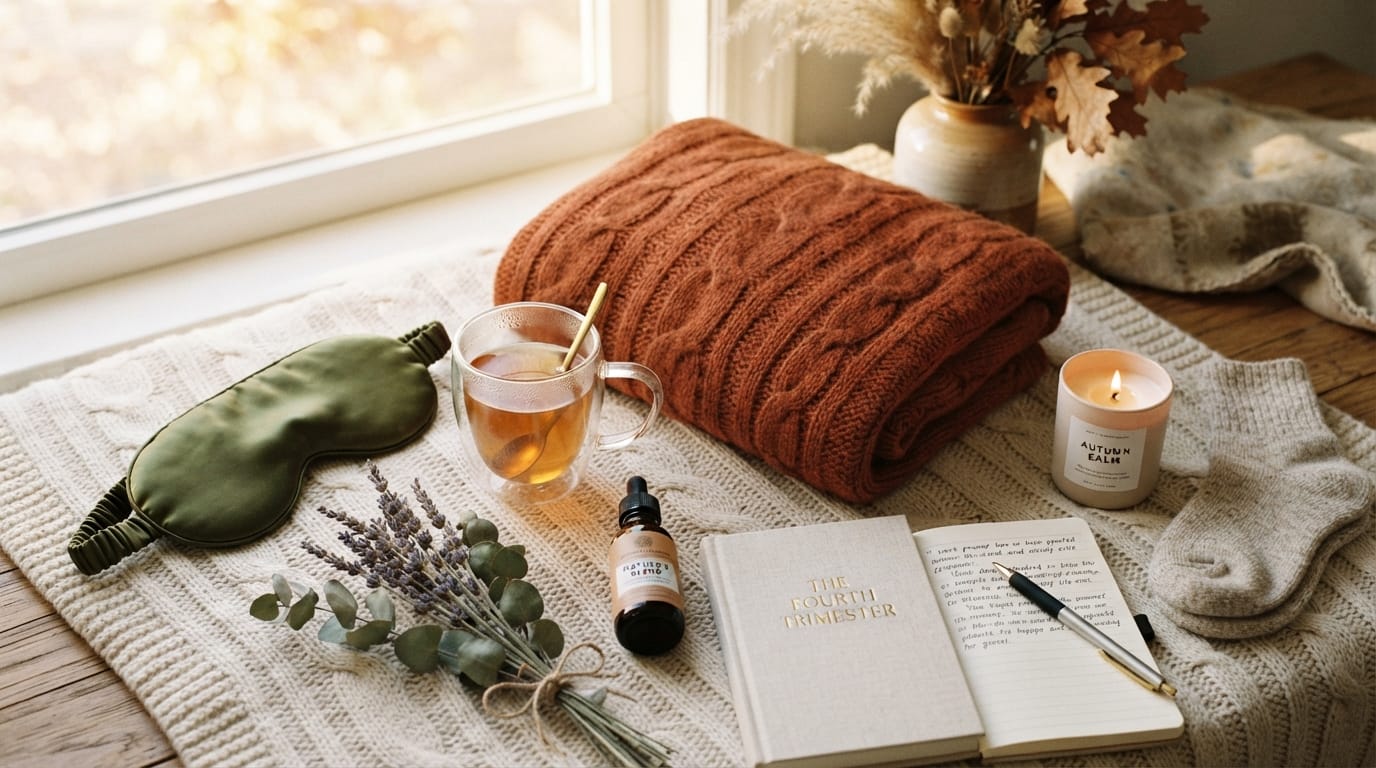 A cozy flatlay of autumnal postpartum gifts under soft natural light.