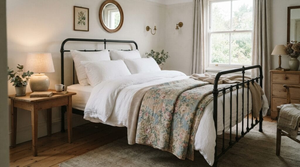 A classic black metal bed frame styled with vintage-inspired cozy bedding.