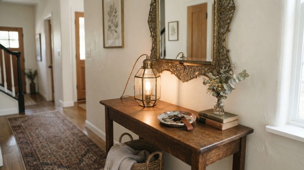 An entryway console table with a brass mirror and a vintage lamp.
