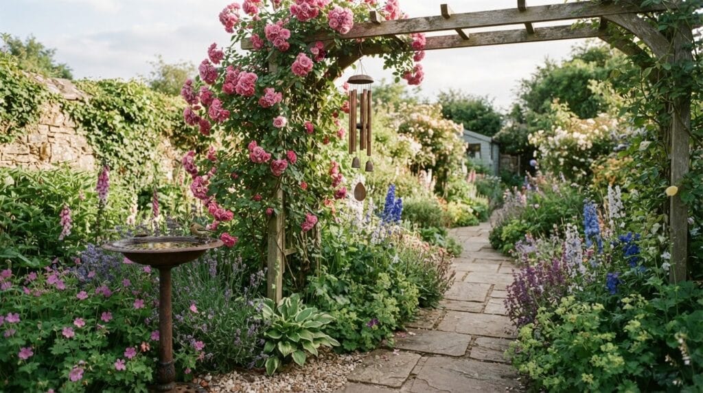 A lush garden path with a cast-iron bird bath and climbing roses.