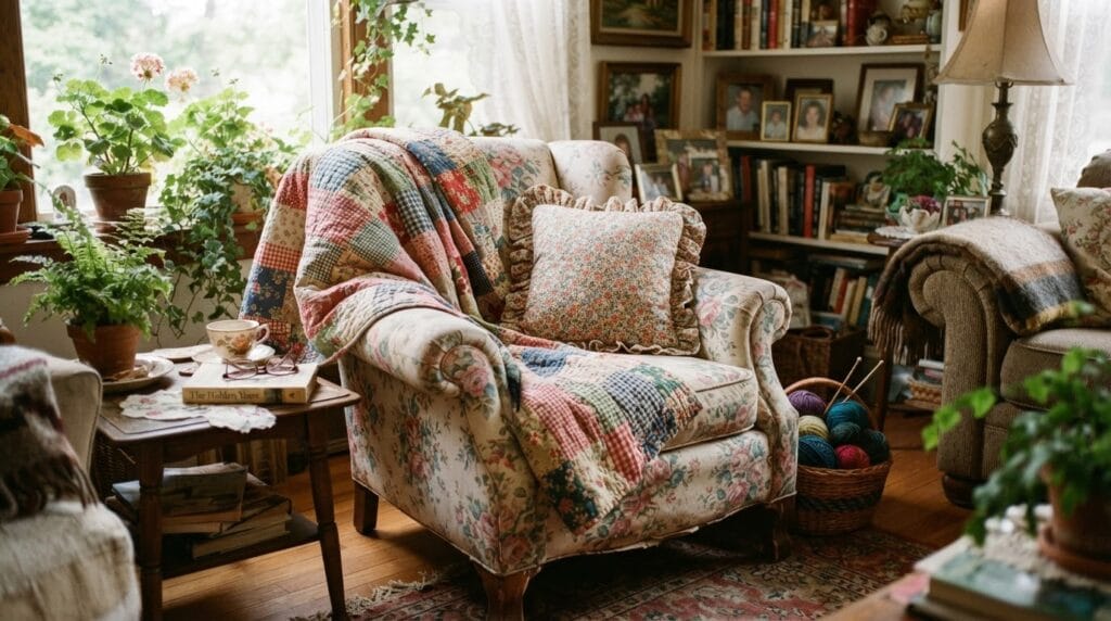 A cozy living room seating area with floral armchair, patchwork throw, and ruffled pillows.