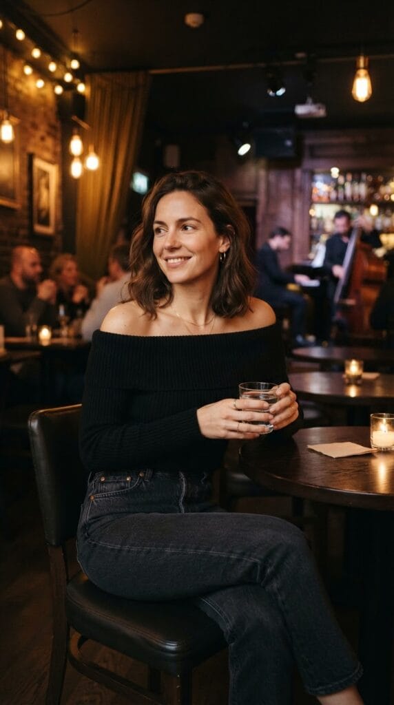 A woman wearing a black off-shoulder sweater and stovepipe jeans.