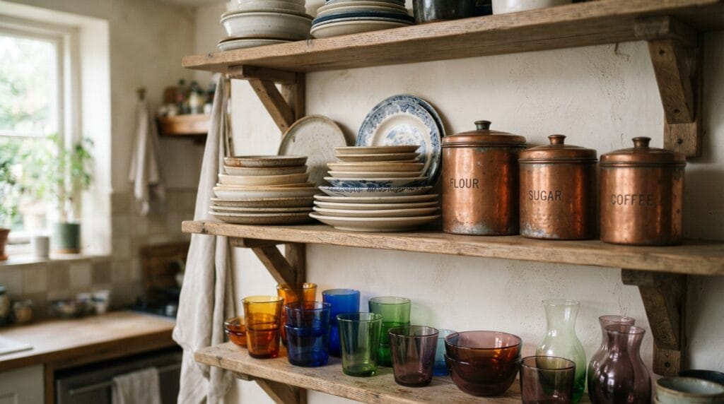Open wood shelves in a kitchen displaying vintage canisters and colorful glassware.