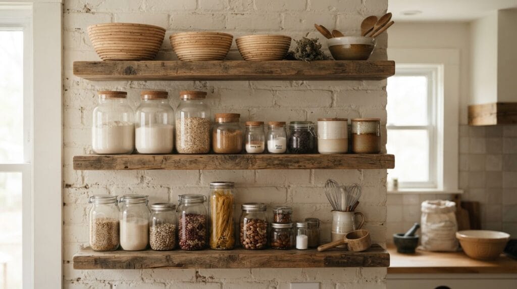 Open wooden shelves displaying glass ingredient jars and white ceramic kitchen canisters.