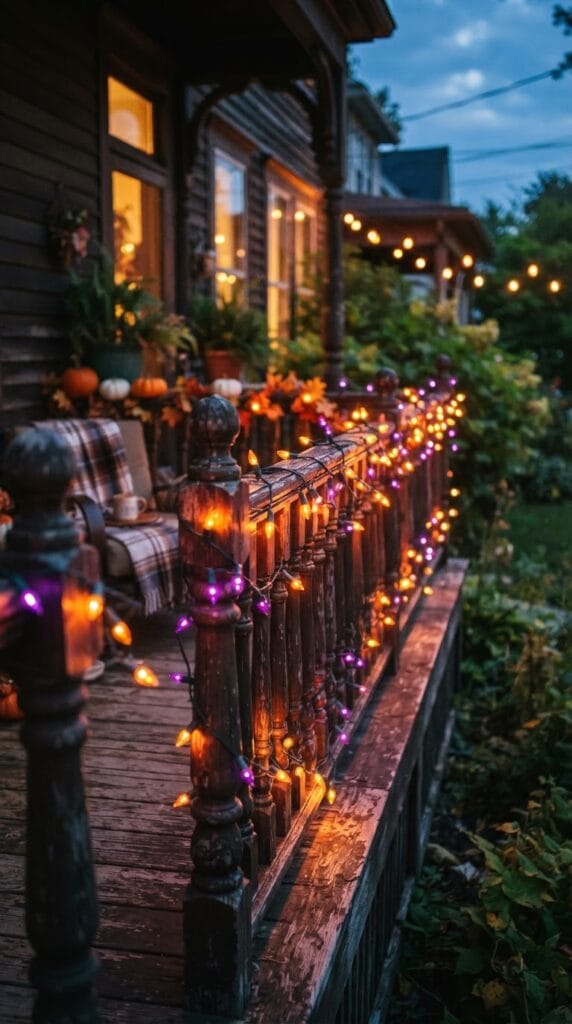 Vibrant orange and purple string lights woven tightly around a porch railing.
