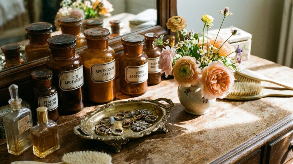 Ornate glass jars and brass jewelry dishes styled on a vanity table.