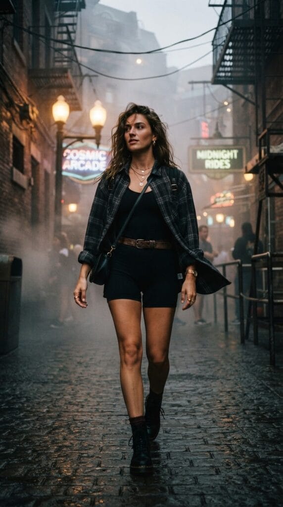An open plaid flannel shirt layered over a black athletic romper in a misty alley