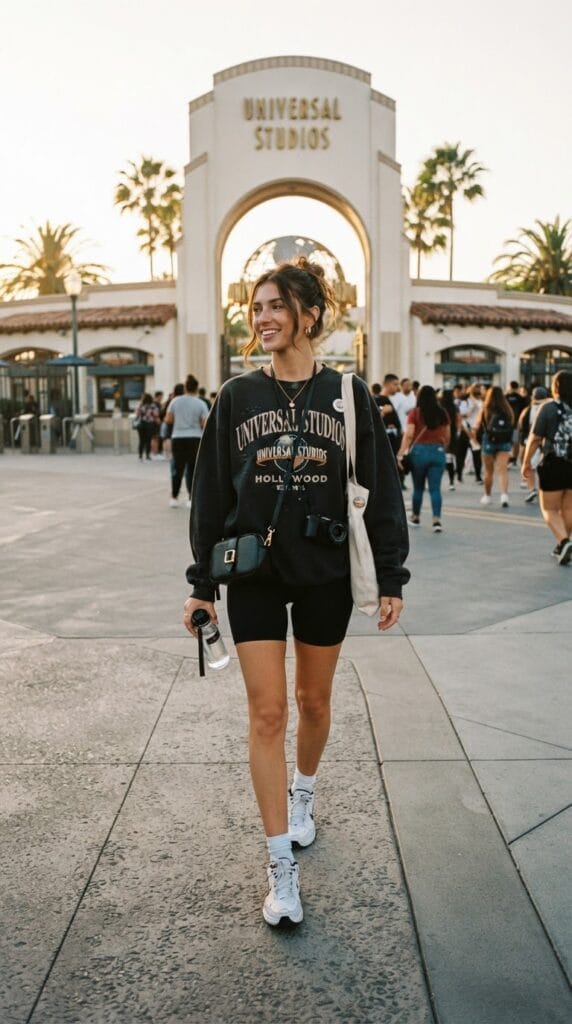 An oversized black crewneck sweatshirt paired with tight biker shorts on an outdoor walkway.