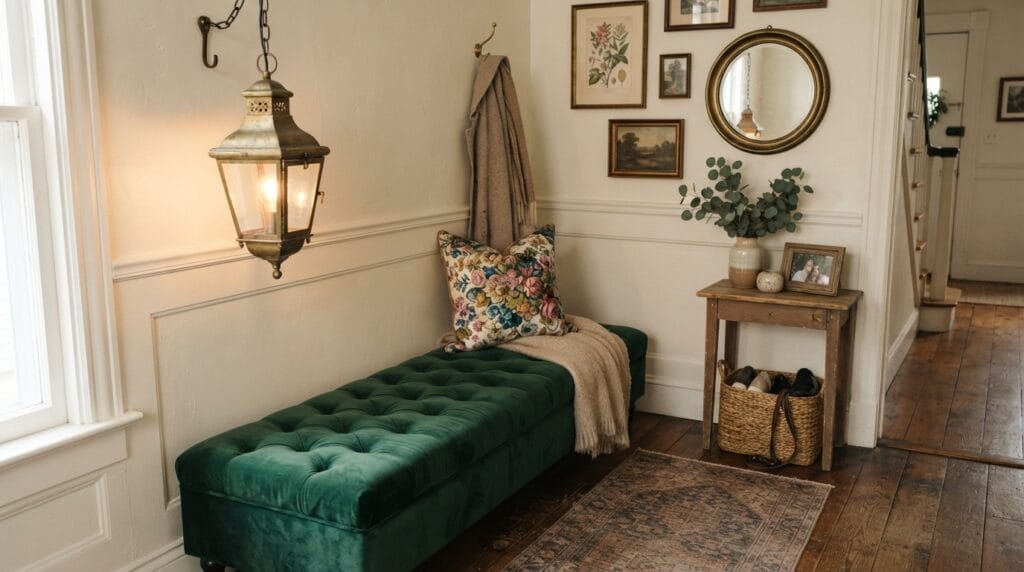 An entryway corner with a tufted velvet bench and vintage light fixture.