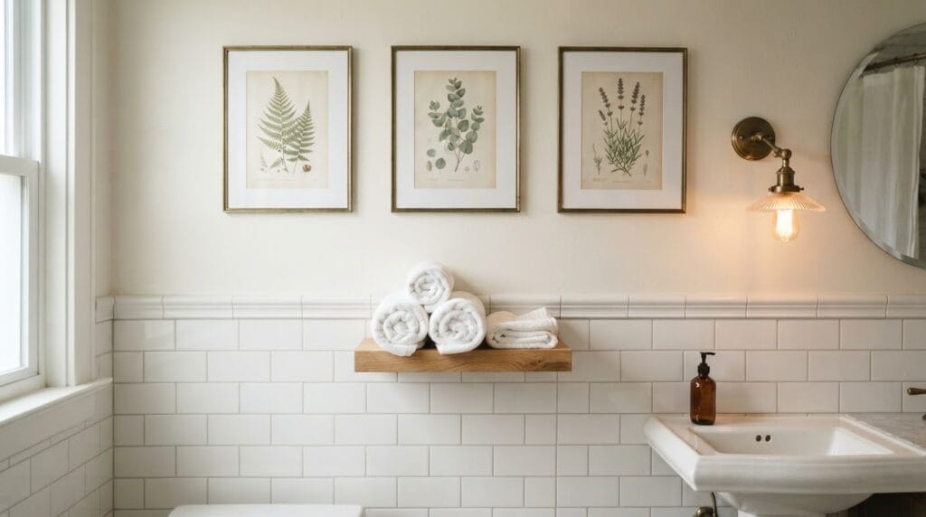 Bathroom wall with framed botanical art and a brass wall sconce lamp.