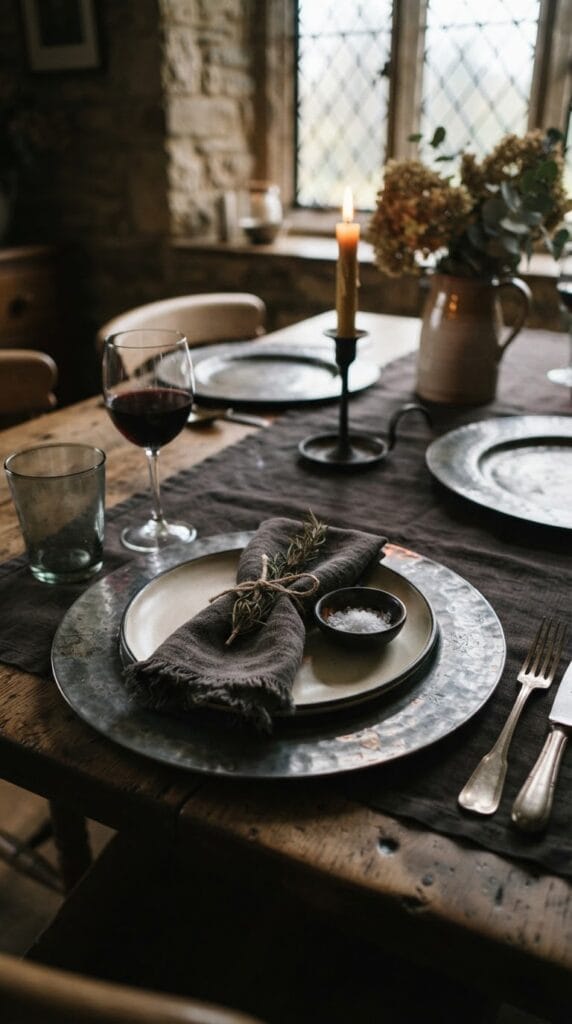 15 Halloween Table Decor Ideas for a Spooky Dinner Party 6 Antique pewter charger plates stacked neatly beneath dark ceramic plates.