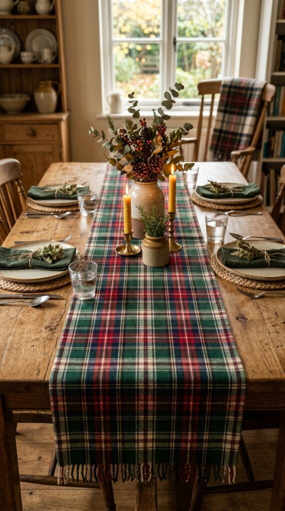 A green and red plaid table runner laid across a wooden table.