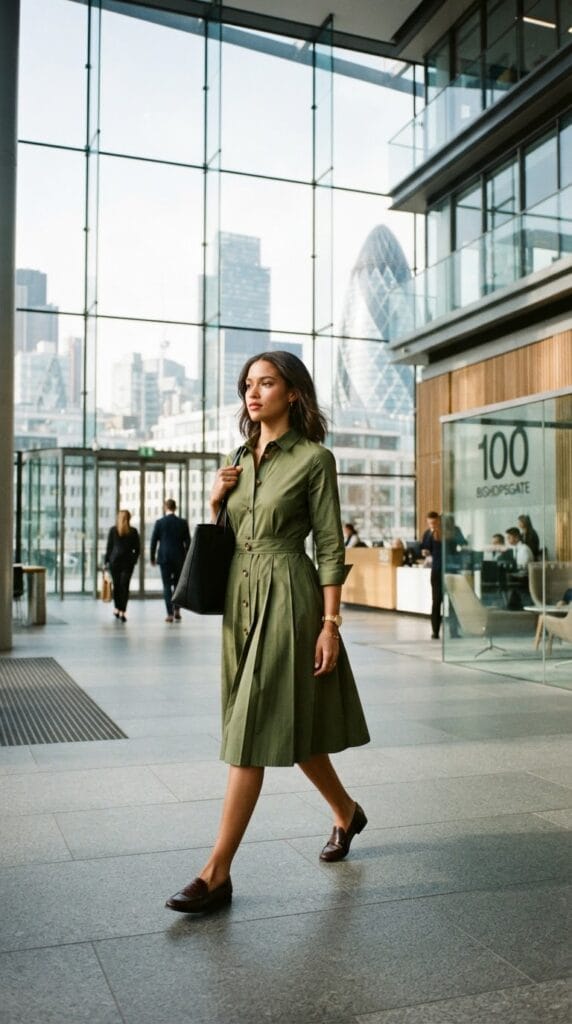 Crisp olive green pleated cotton poplin shirtdress worn in a modern lobby.
