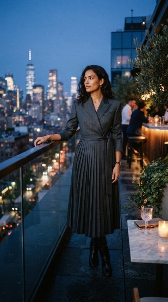 Charcoal pleated gabardine wool wrap dress worn on a city terrace.