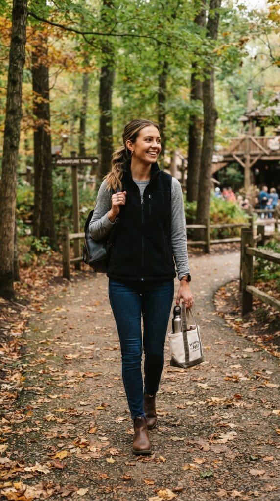 A black zip-up fleece vest layered over a grey long-sleeve tee.