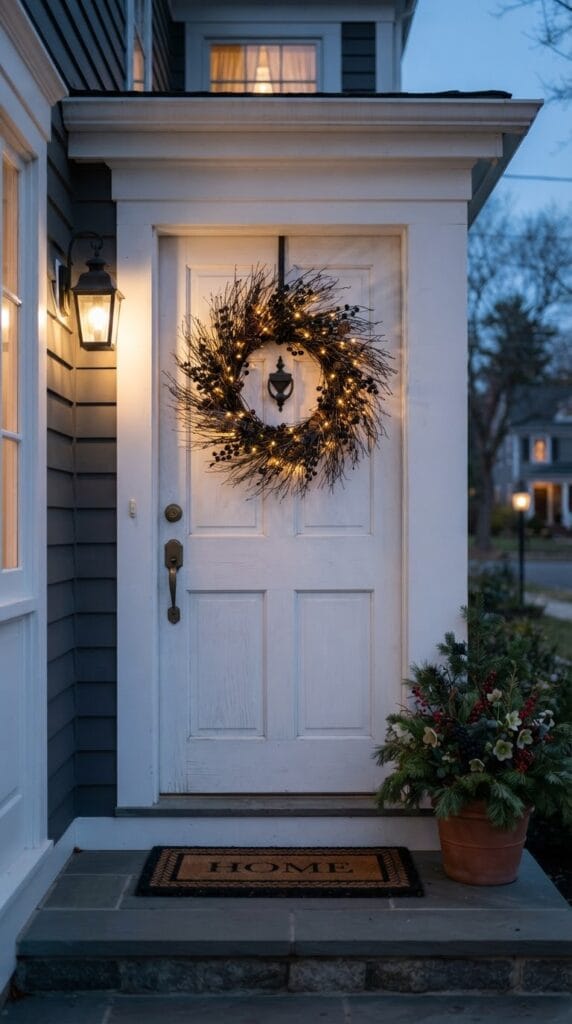 A pre-lit black twig wreath glowing softly on a white front door.