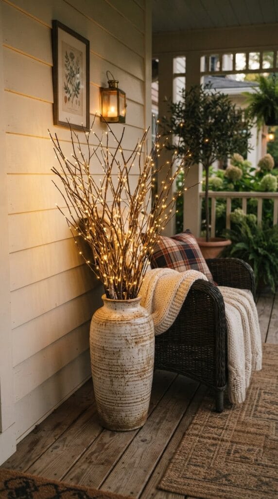 The Ultimate Fall Front Porch Decor Checklist You Need 8 Tall pre-lit twig branches glowing softly in a vase on a cozy porch.