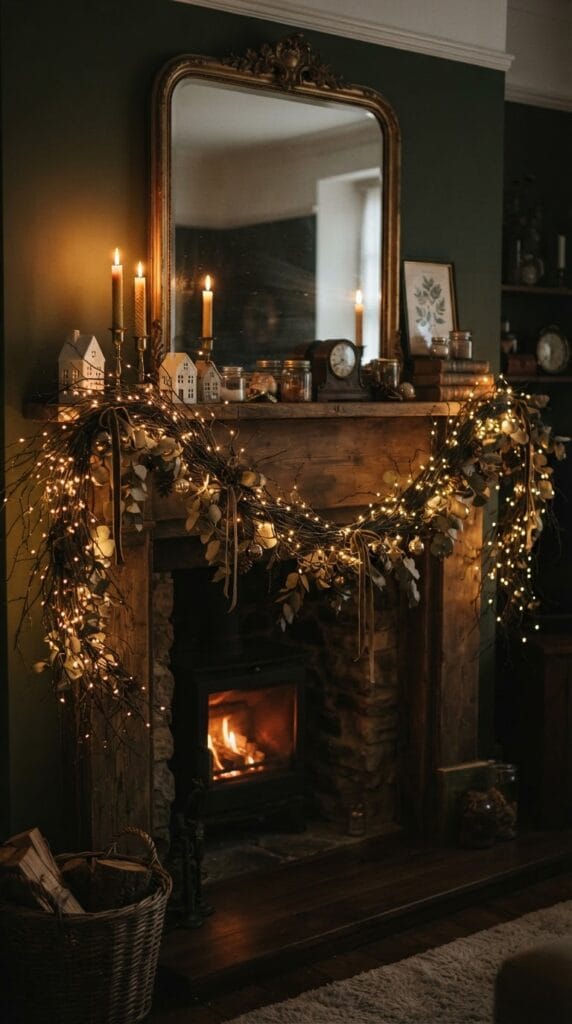 20 Halloween Decor 2026 Ideas for a Spooky Stylish Home 11 A pre lit dark twig garland glowing softly across a white fireplace mantle.