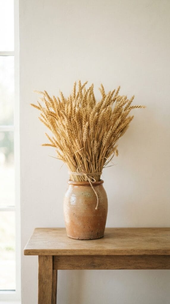 16 Fall Centerpiece Ideas for Your Dining Table 11 A bundle of golden preserved wheat stalks standing in a clay jar.