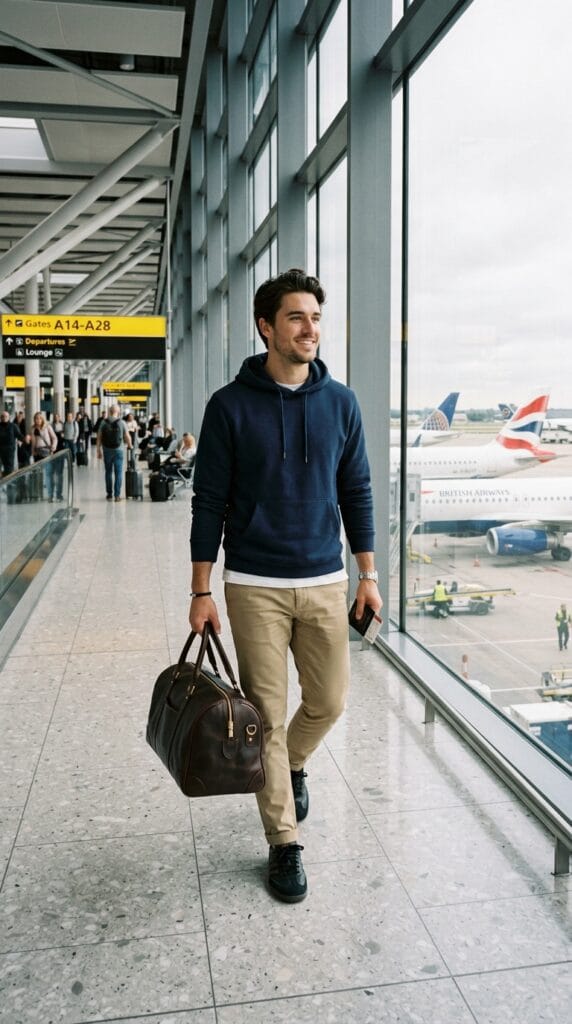 Man in a navy French terry hoodie walking through airport.