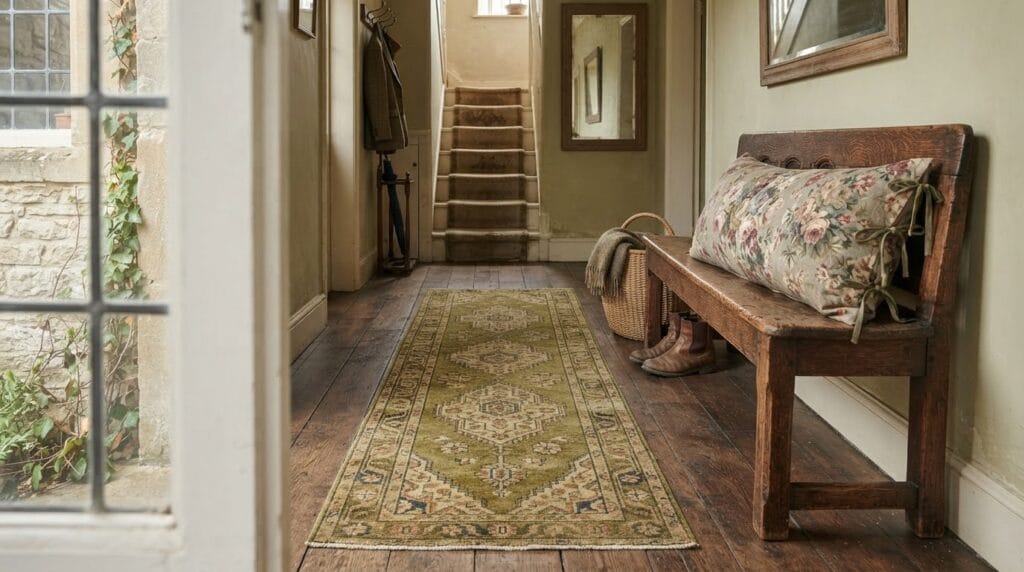 An entryway floor with an olive green patterned runner rug and bench.