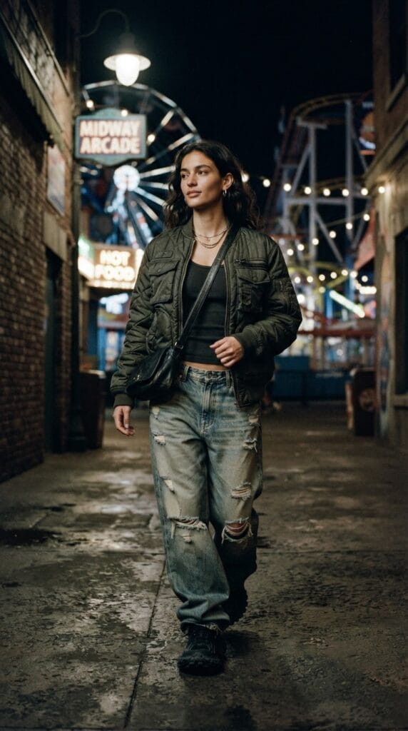 A dark green quilted nylon utility bomber jacket paired with light-wash slouchy jeans.
