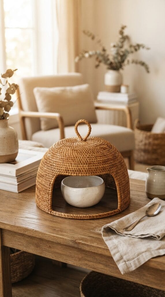 16 Fall Centerpiece Ideas for Your Dining Table 13 A delicate woven rattan cloche covering a small white ceramic accessory.