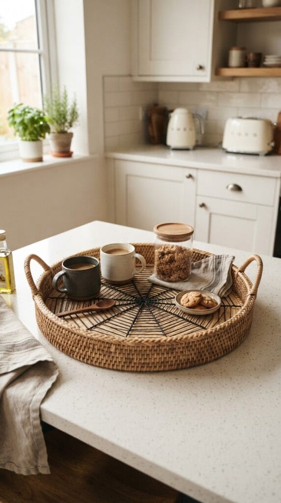 20 Halloween Decor 2026 Ideas for a Spooky Stylish Home 17 A round handwoven rattan serving tray showing a subtle artistic spiderweb design pattern.