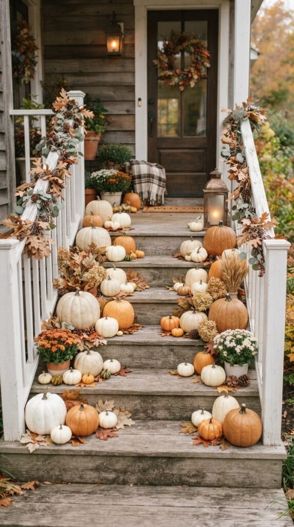 Realistic orange and white faux pumpkins clustered on rustic wood porch steps.