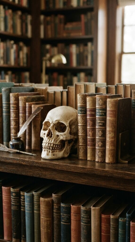 20 Halloween Decor 2026 Ideas for a Spooky Stylish Home 4 A detailed resin replica of a human skull displayed on vintage book shelves.