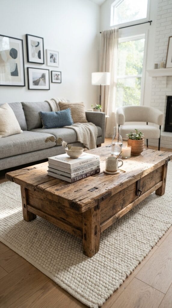 A rustic wood coffee table decorated with books and a small ceramic bowl.