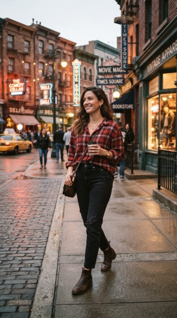 A red and black plaid flannel shirt styled with high-rise black denim jeans.