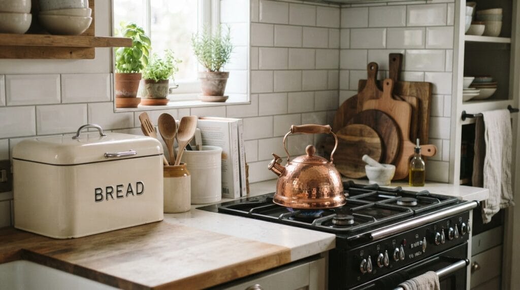 A kitchen counter styled with a retro bread box and vintage copper kettle.