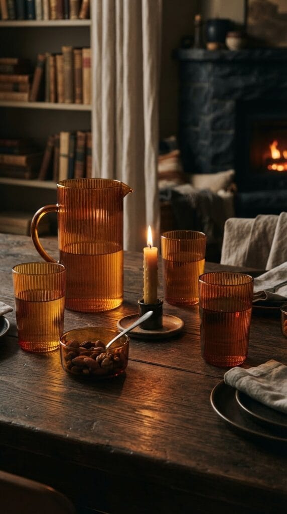 15 Halloween Table Decor Ideas for a Spooky Dinner Party 12 Textured ribbed amber glassware reflecting warm candlelight on a table