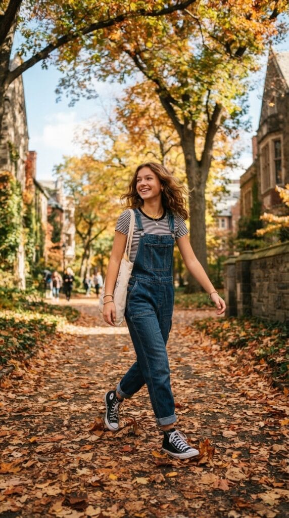 Striped ribbed jersey tee layered under dark blue denim overalls outdoors.