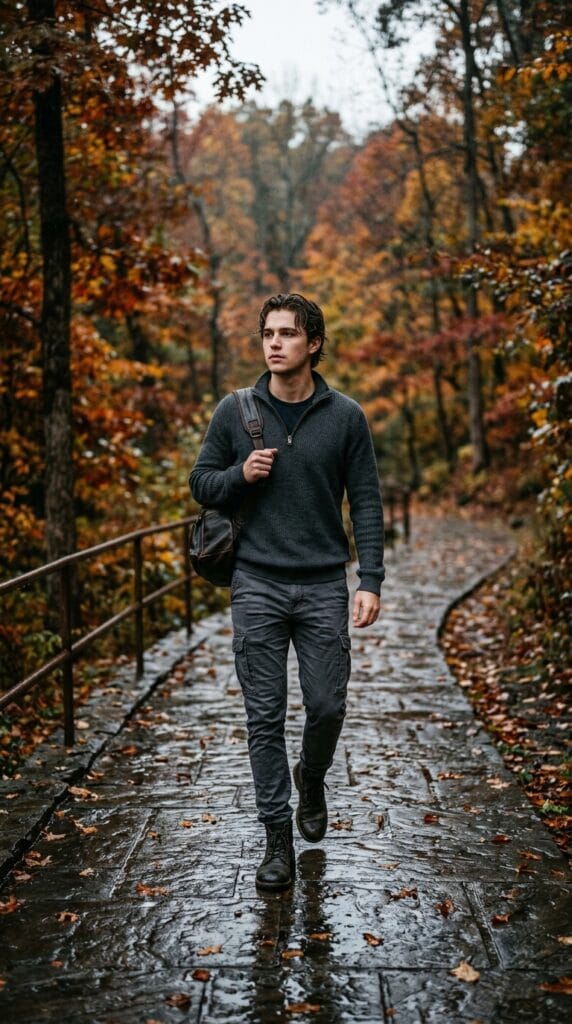 Casual Campus Style for Men: Fall Outfit Ideas for College Guys 8 Guy wearing a ribbed charcoal quarter-zip pullover and slim cargo pants outside.