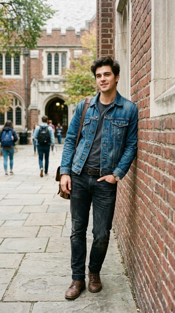 Casual Campus Style for Men: Fall Outfit Ideas for College Guys 4 Young man in a denim trucker jacket and black jeans outside a library.