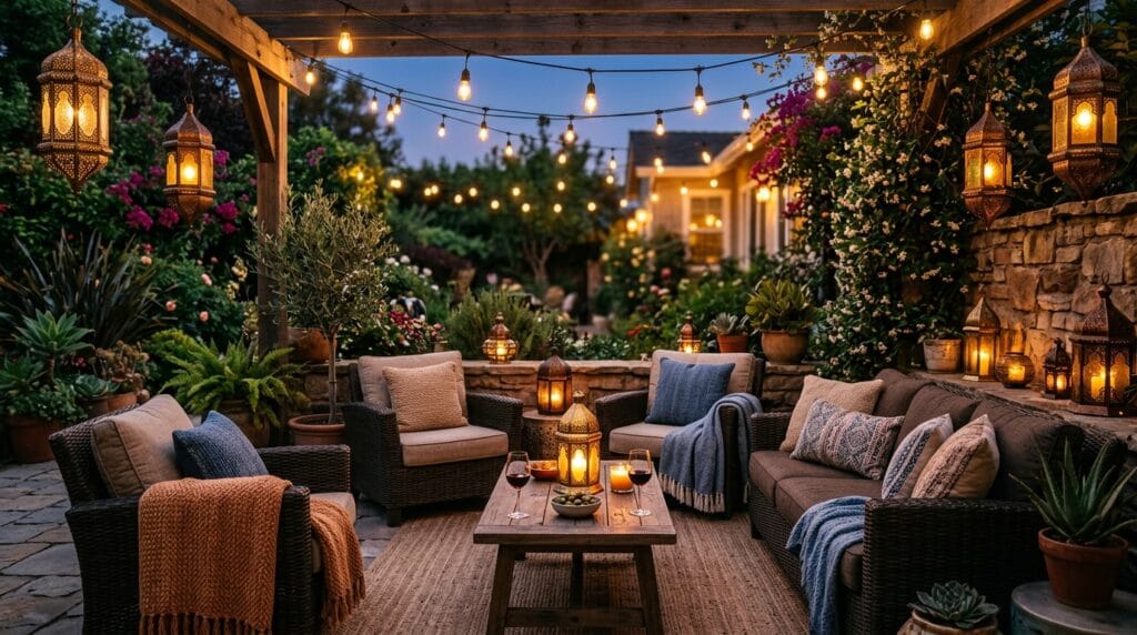 A dark outdoor patio illuminated by warm Moroccan metal lanterns and string lights.
